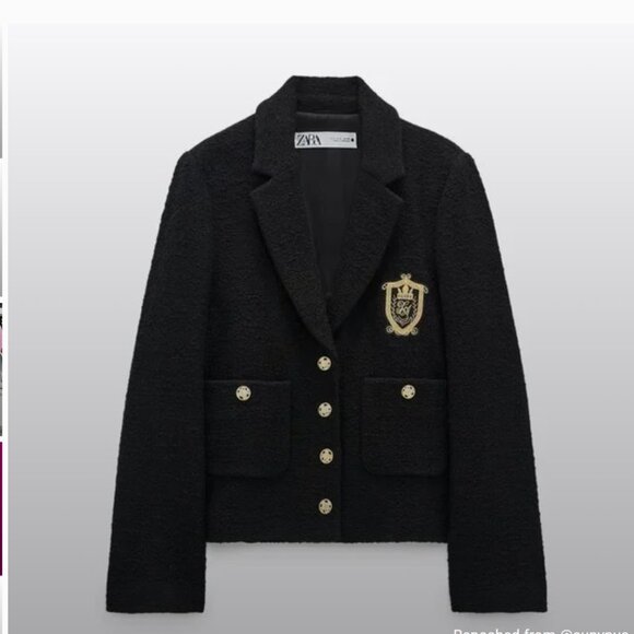 Nwot Zara Tweed Black Blazer Textured Patch Pocket  Emblem Gold ButtonsCropped L - Picture 2 of 15